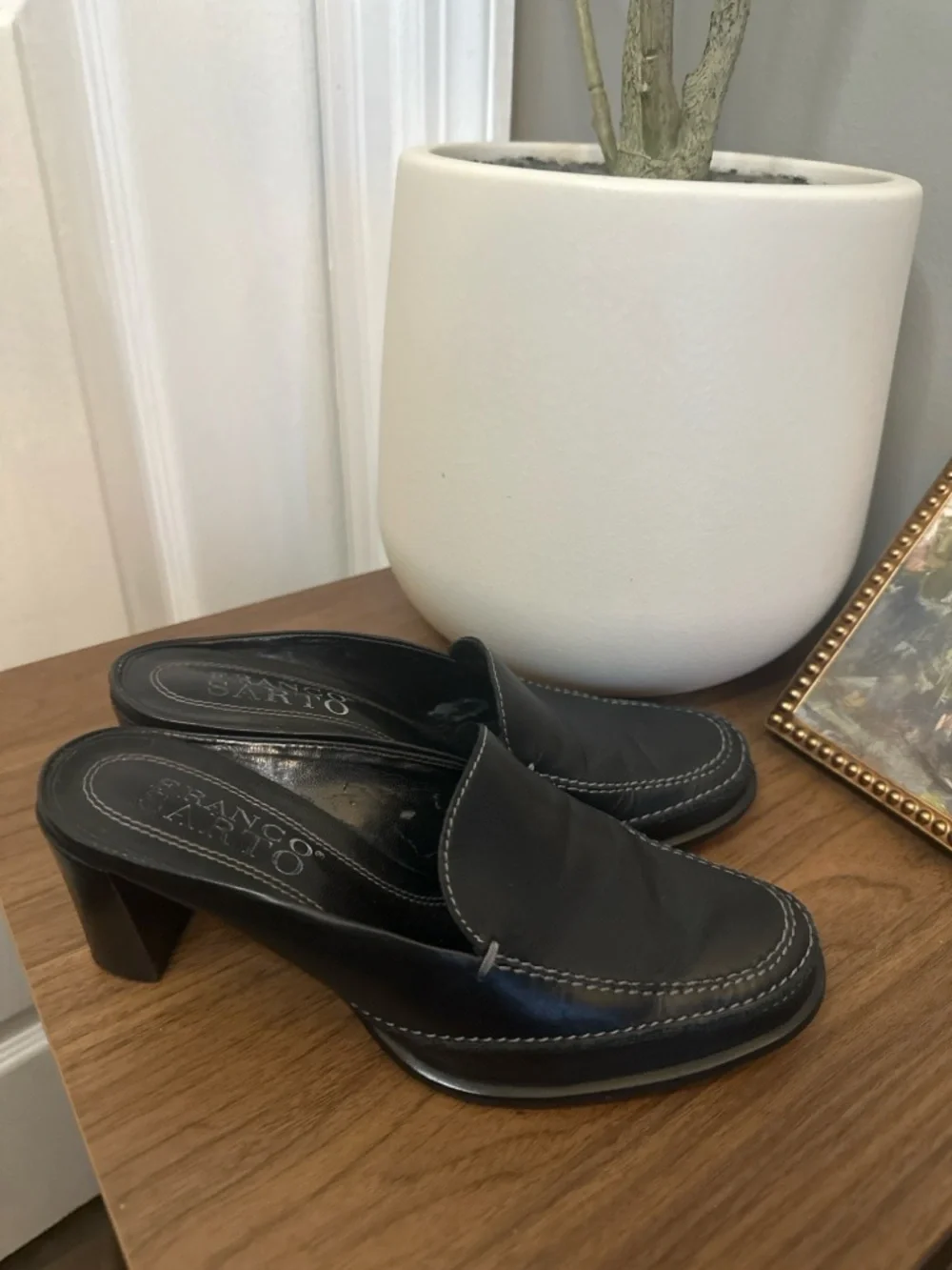 Franco Sarto Black Leather Mule Heels Loafer Slip On 5.5 Preppy Quiet Luxury - Picture 3 of 7